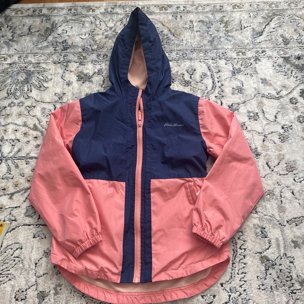 Eddie Bauer Kids Rain Windbreaker Jacket Hooded Size M‎ 10/12 Coral Navy